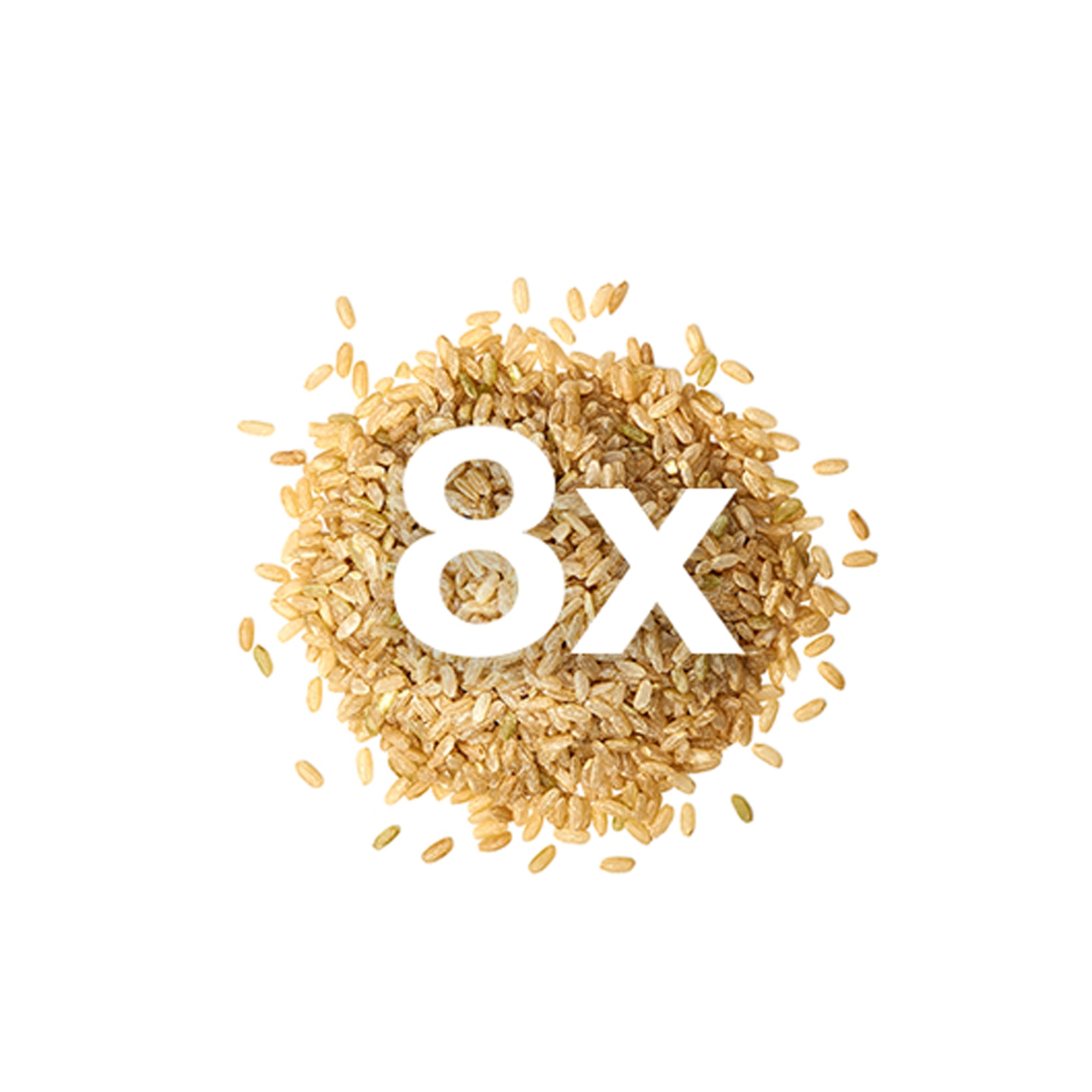 brown rice with "8x" written in bold